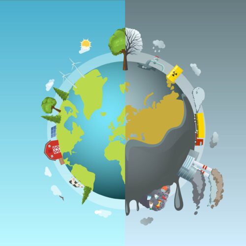 Environmental Pollution Round Concept Circle ecology composition with cartoon style drawn earth globe divided into two halves clean and polluted vector illustration